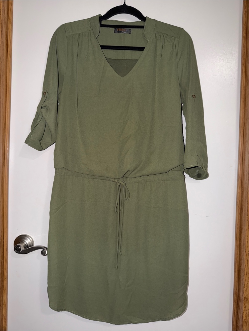 Renee C. Olive Green V-Neck Drawstring Midi Dress